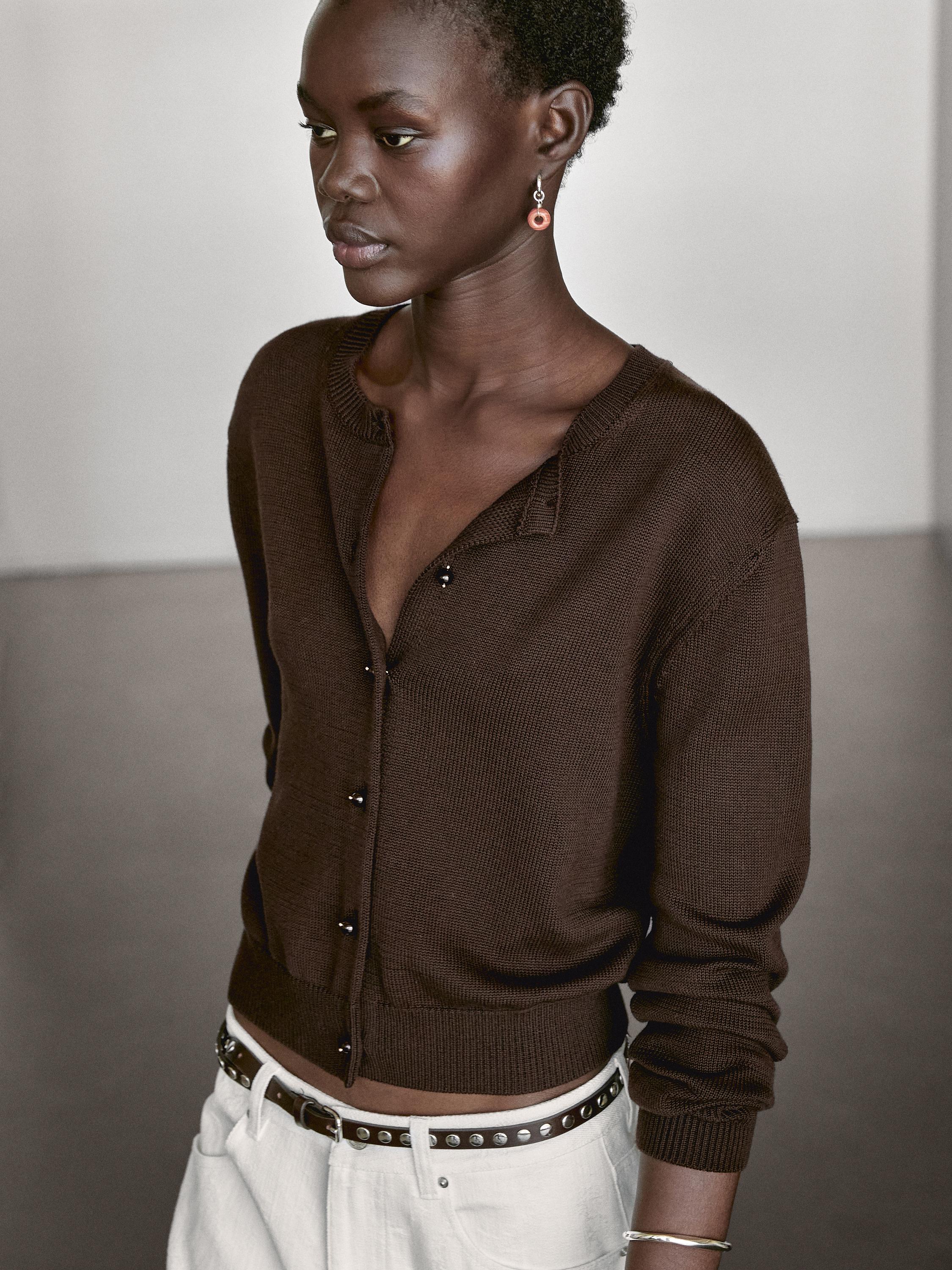 Knit cardigan with rhinestone button detail